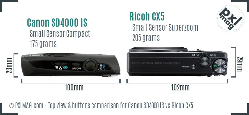 Canon SD4000 IS vs Ricoh CX5 top view buttons comparison