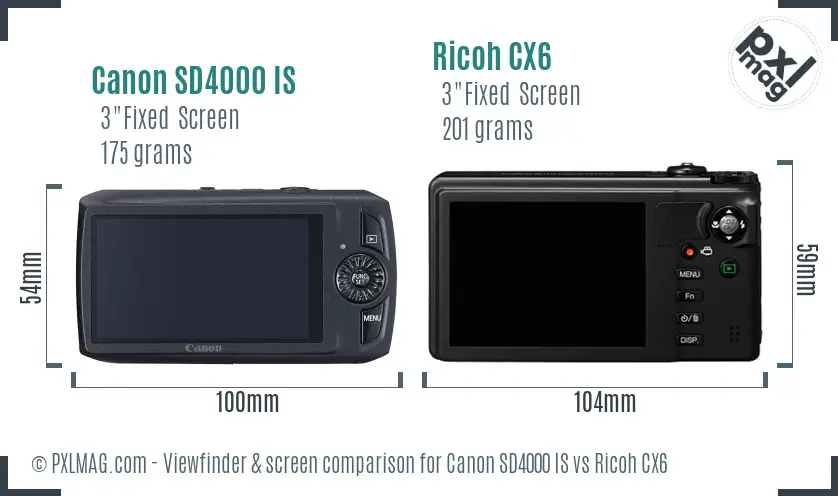 Canon SD4000 IS vs Ricoh CX6 Screen and Viewfinder comparison