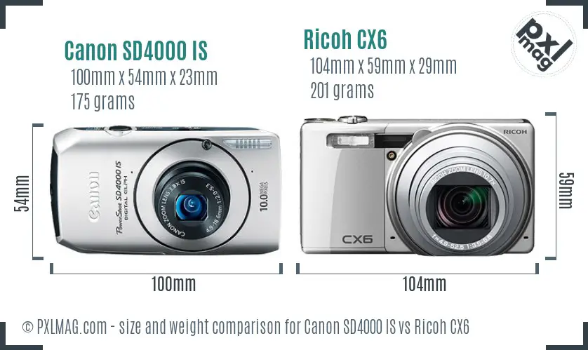 Canon SD4000 IS vs Ricoh CX6 size comparison