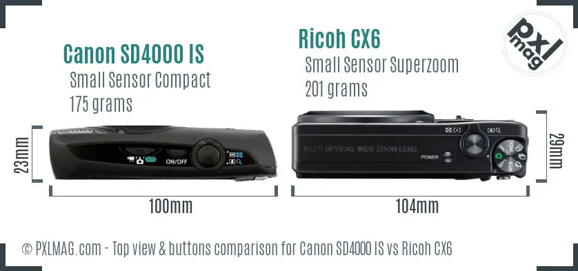 Canon SD4000 IS vs Ricoh CX6 top view buttons comparison