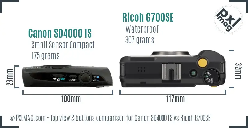 Canon SD4000 IS vs Ricoh G700SE top view buttons comparison