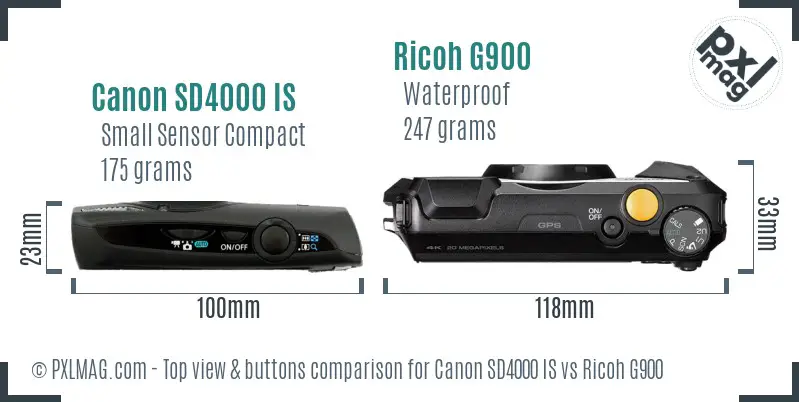 Canon SD4000 IS vs Ricoh G900 top view buttons comparison Canon SD4000 IS vs Ricoh G900 top view buttons comparison