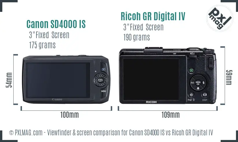 Canon SD4000 IS vs Ricoh GR Digital IV Screen and Viewfinder comparison