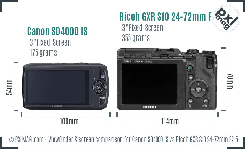 Canon SD4000 IS vs Ricoh GXR S10 24-72mm F2.5-4.4 VC Screen and Viewfinder comparison