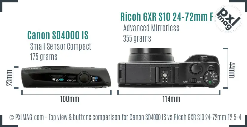 Canon SD4000 IS vs Ricoh GXR S10 24-72mm F2.5-4.4 VC top view buttons comparison