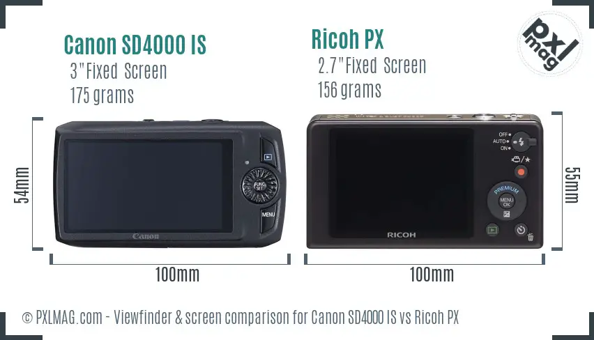 Canon SD4000 IS vs Ricoh PX Screen and Viewfinder comparison