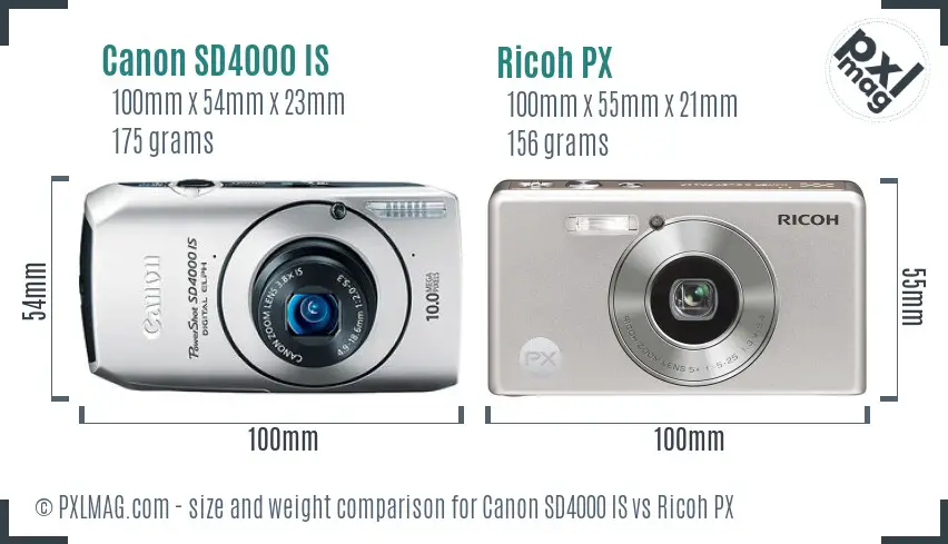 Canon SD4000 IS vs Ricoh PX size comparison