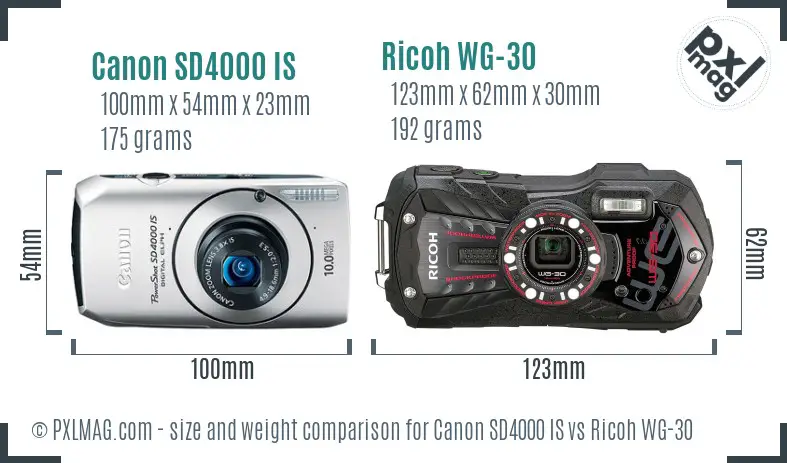 Canon SD4000 IS vs Ricoh WG-30 size comparison