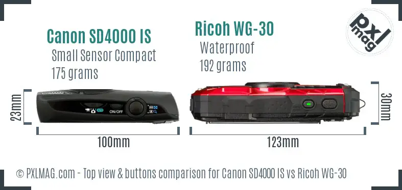 Canon SD4000 IS vs Ricoh WG-30 top view buttons comparison