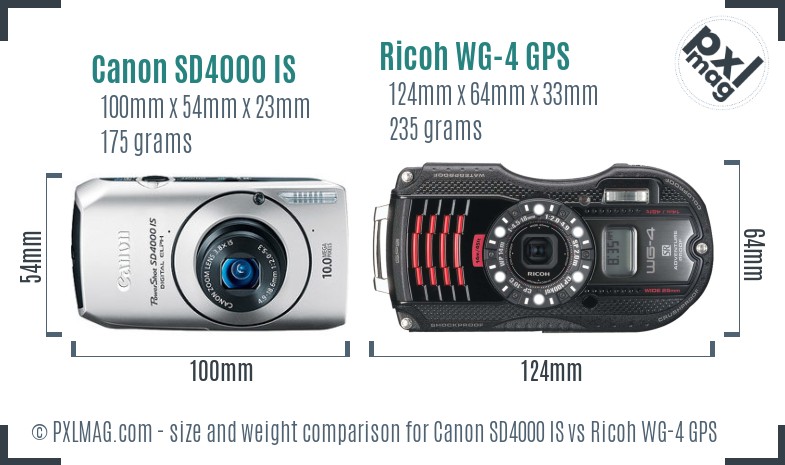 Canon SD4000 IS vs Ricoh WG-4 GPS size comparison Canon SD4000 IS vs Ricoh WG-4 GPS size comparison