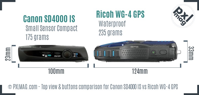 Canon SD4000 IS vs Ricoh WG-4 GPS top view buttons comparison