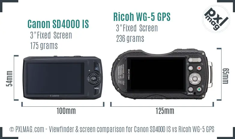 Canon SD4000 IS vs Ricoh WG-5 GPS Screen and Viewfinder comparison