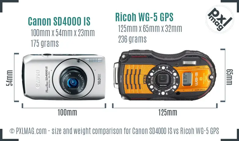 Canon SD4000 IS vs Ricoh WG-5 GPS size comparison