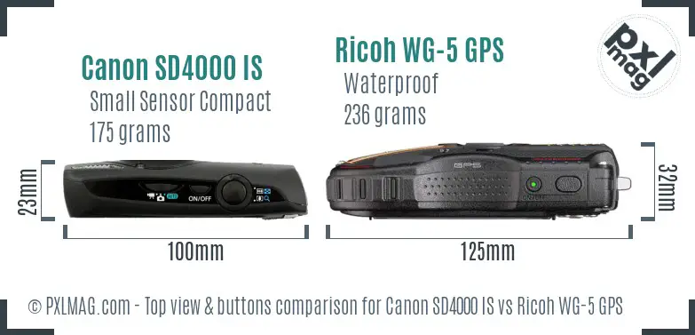 Canon SD4000 IS vs Ricoh WG-5 GPS top view buttons comparison