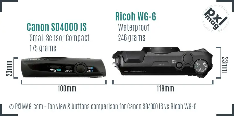 Canon SD4000 IS vs Ricoh WG-6 top view buttons comparison Canon SD4000 IS vs Ricoh WG-6 top view buttons comparison