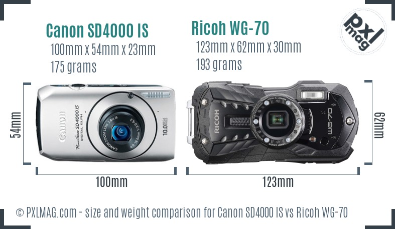 Canon SD4000 IS vs Ricoh WG-70 size comparison