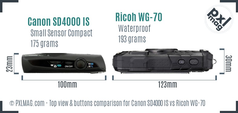 Canon SD4000 IS vs Ricoh WG-70 top view buttons comparison