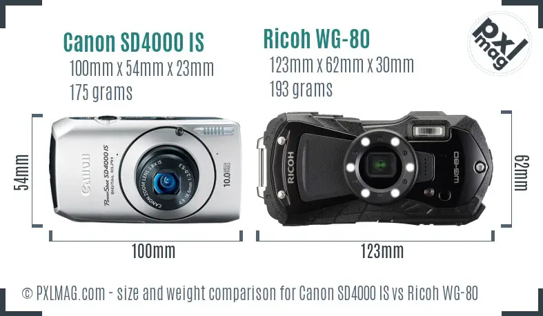 Canon SD4000 IS vs Ricoh WG-80 size comparison