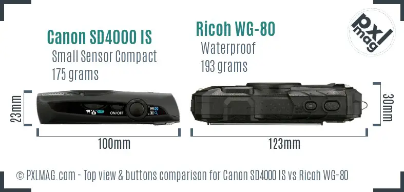 Canon SD4000 IS vs Ricoh WG-80 top view buttons comparison