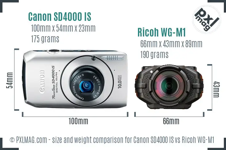 Canon SD4000 IS vs Ricoh WG-M1 size comparison
