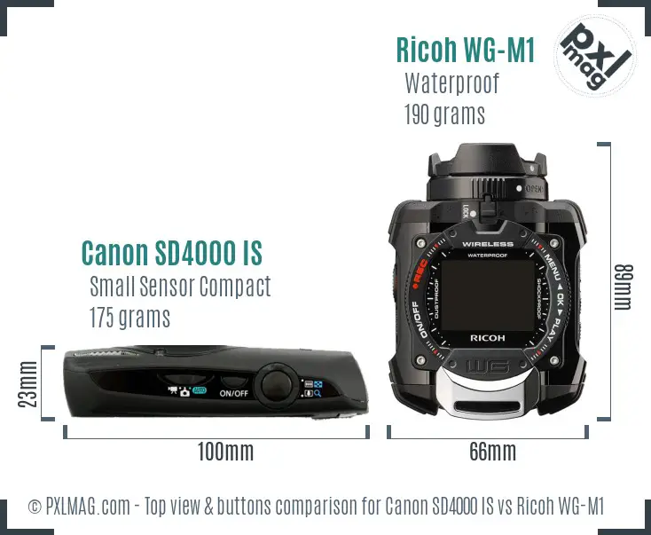 Canon SD4000 IS vs Ricoh WG-M1 top view buttons comparison