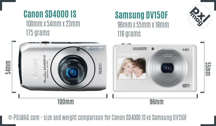 Canon SD4000 IS vs Samsung DV150F size comparison