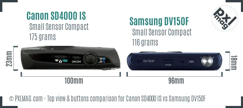 Canon SD4000 IS vs Samsung DV150F top view buttons comparison
