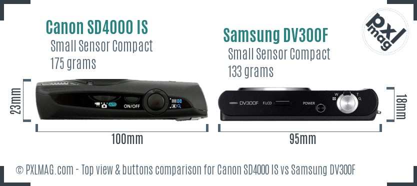 Canon SD4000 IS vs Samsung DV300F top view buttons comparison