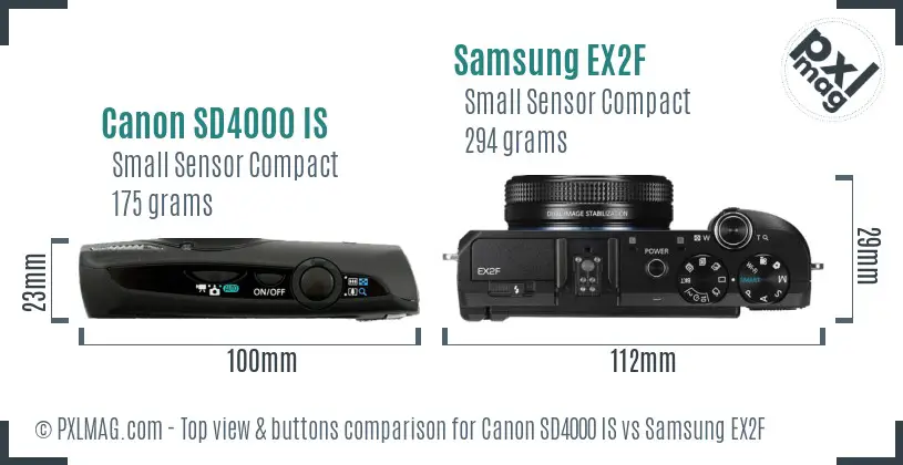 Canon SD4000 IS vs Samsung EX2F top view buttons comparison