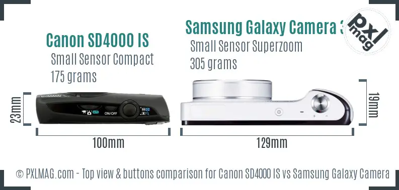 Canon SD4000 IS vs Samsung Galaxy Camera 3G top view buttons comparison Canon SD4000 IS vs Samsung Galaxy Camera 3G top view buttons comparison