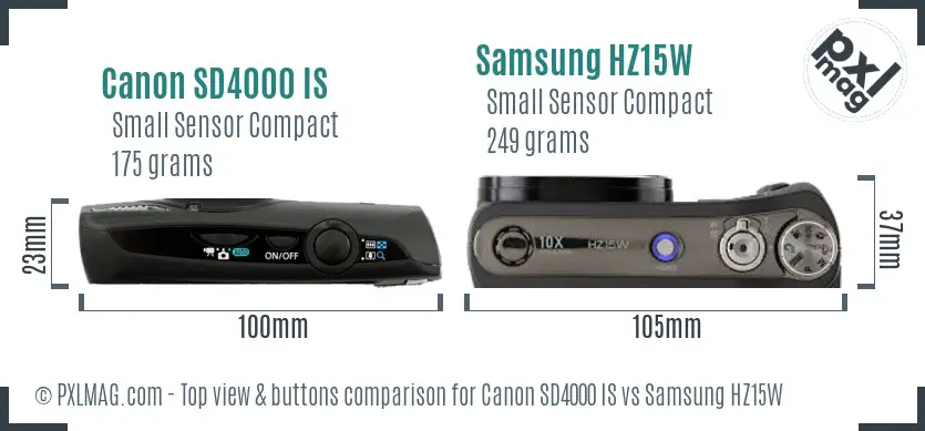 Canon SD4000 IS vs Samsung HZ15W top view buttons comparison