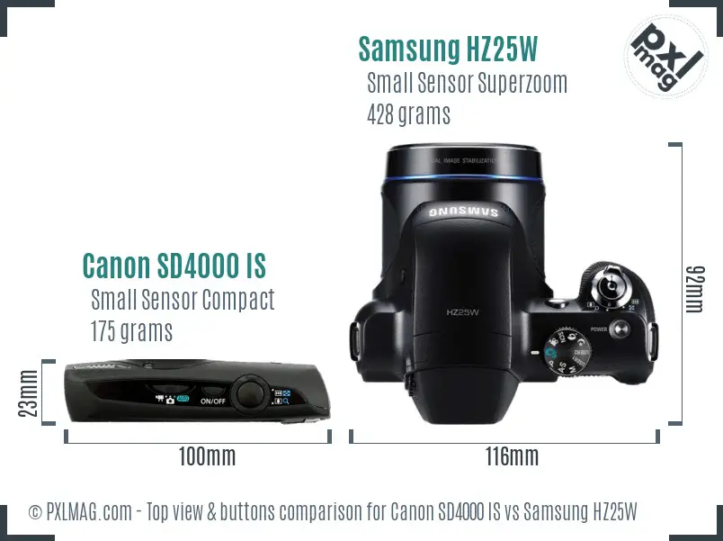 Canon SD4000 IS vs Samsung HZ25W top view buttons comparison Canon SD4000 IS vs Samsung HZ25W top view buttons comparison