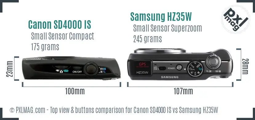 Canon SD4000 IS vs Samsung HZ35W top view buttons comparison Canon SD4000 IS vs Samsung HZ35W top view buttons comparison