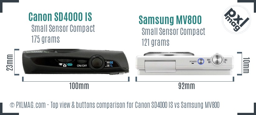 Canon SD4000 IS vs Samsung MV800 top view buttons comparison