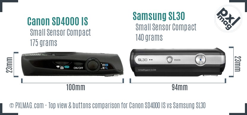 Canon SD4000 IS vs Samsung SL30 top view buttons comparison