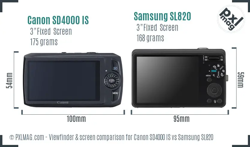 Canon SD4000 IS vs Samsung SL820 Screen and Viewfinder comparison