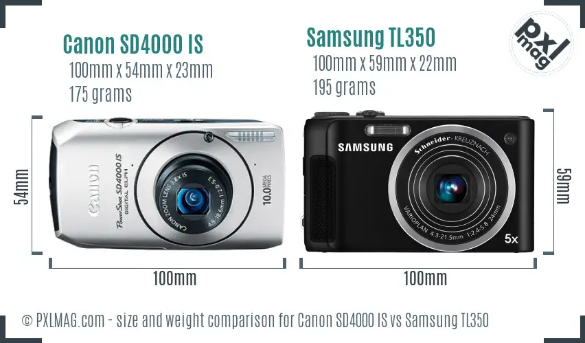 Canon SD4000 IS vs Samsung TL350 size comparison