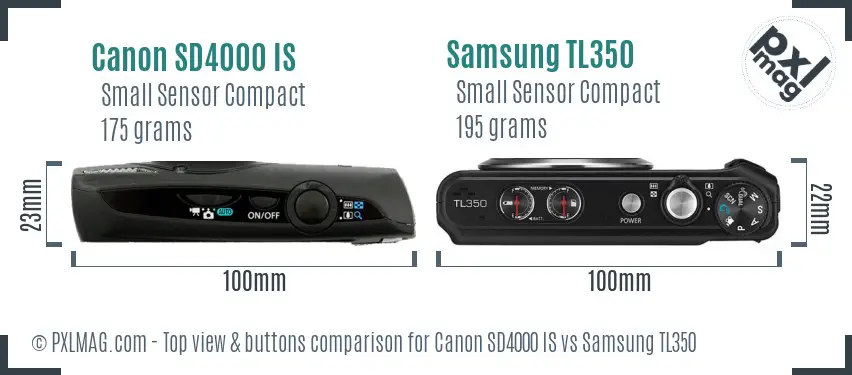 Canon SD4000 IS vs Samsung TL350 top view buttons comparison