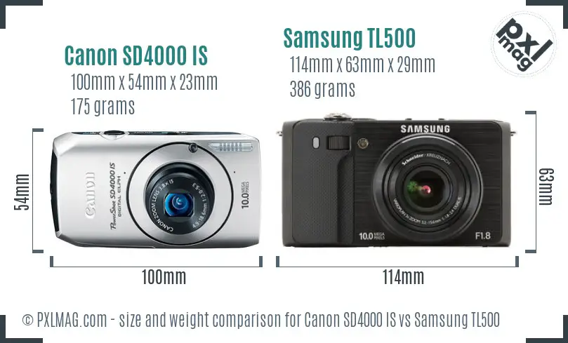 Canon SD4000 IS vs Samsung TL500 size comparison