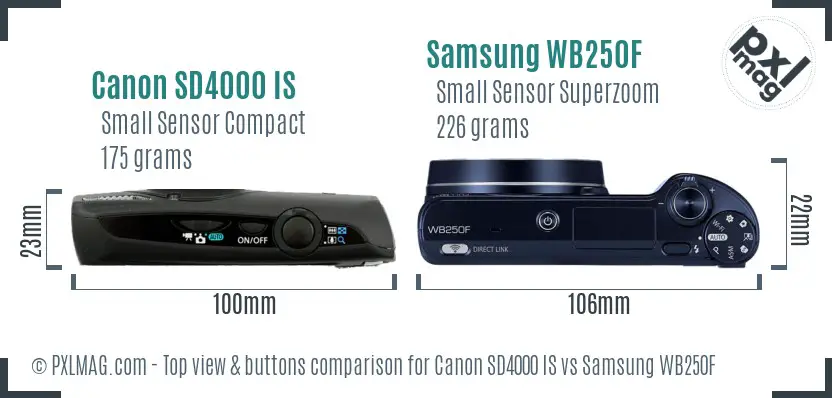 Canon SD4000 IS vs Samsung WB250F top view buttons comparison