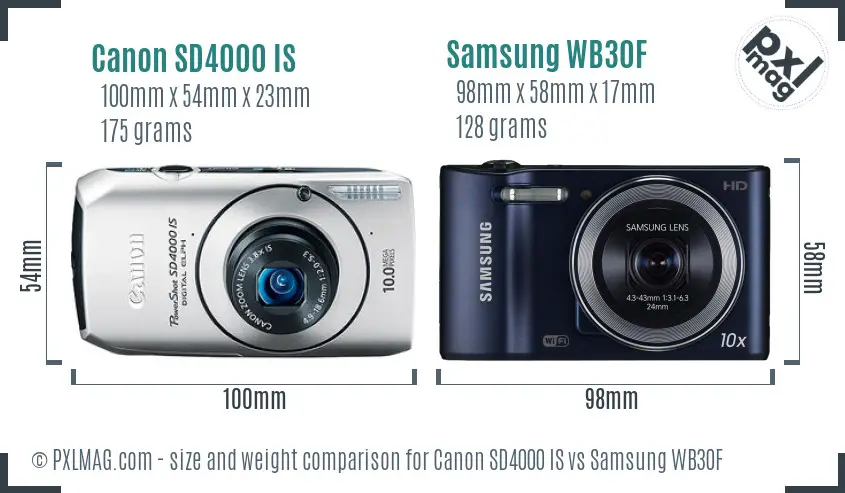 Canon SD4000 IS vs Samsung WB30F size comparison