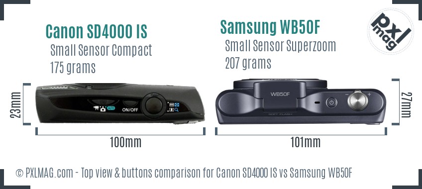 Canon SD4000 IS vs Samsung WB50F top view buttons comparison