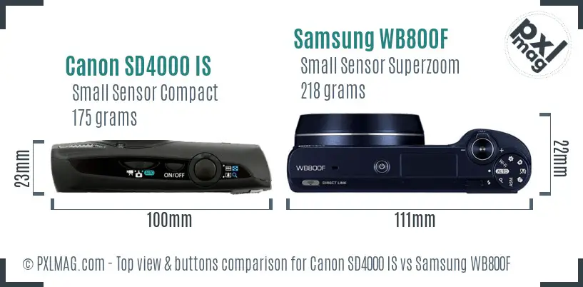Canon SD4000 IS vs Samsung WB800F top view buttons comparison Canon SD4000 IS vs Samsung WB800F top view buttons comparison