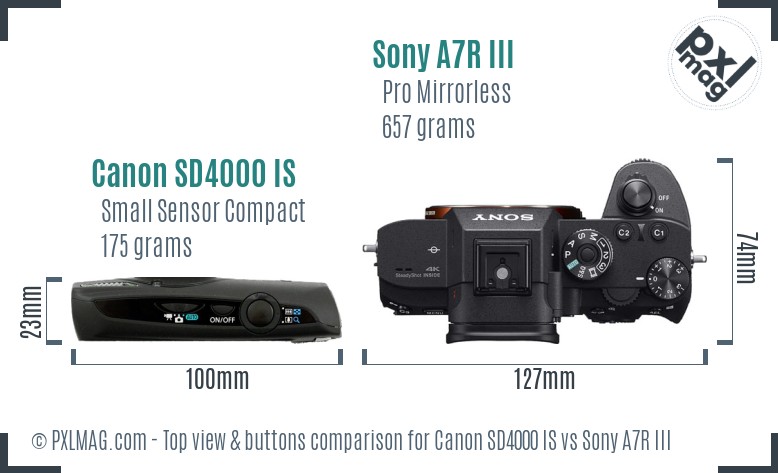 Canon SD4000 IS vs Sony A7R III top view buttons comparison