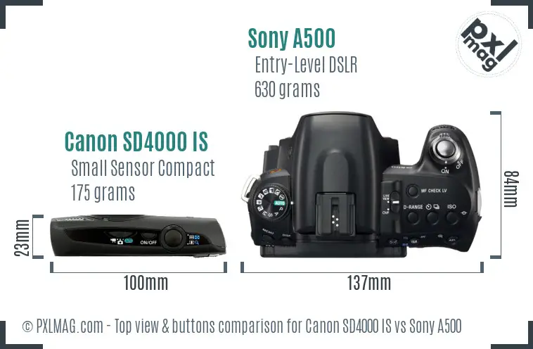 Canon SD4000 IS vs Sony A500 top view buttons comparison