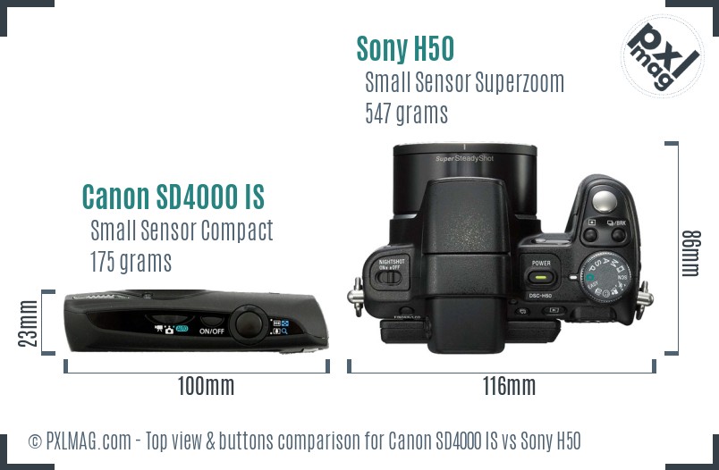 Canon SD4000 IS vs Sony H50 top view buttons comparison