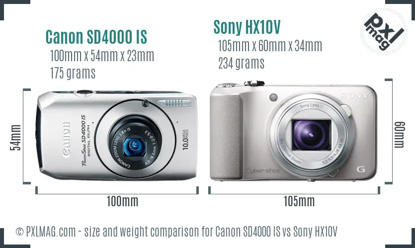 Canon SD4000 IS vs Sony HX10V size comparison