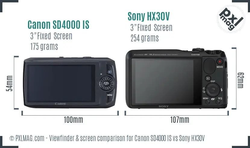 Canon SD4000 IS vs Sony HX30V Screen and Viewfinder comparison