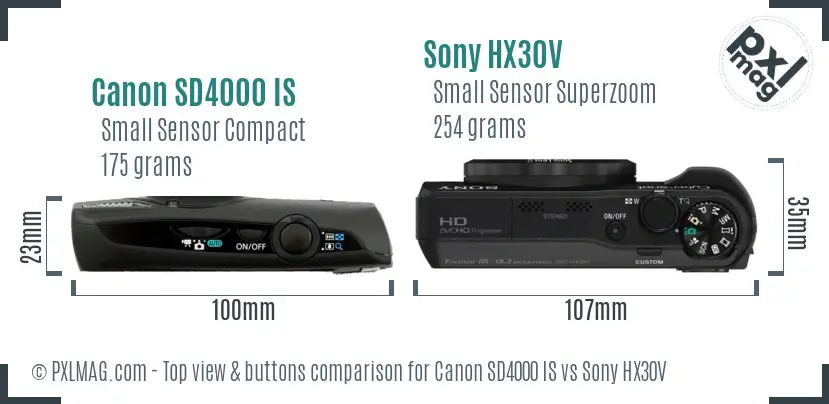 Canon SD4000 IS vs Sony HX30V top view buttons comparison