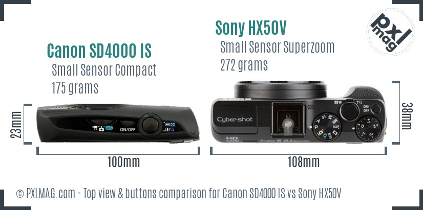 Canon SD4000 IS vs Sony HX50V top view buttons comparison